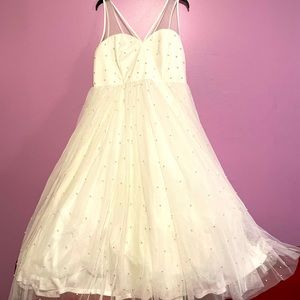 Ivory Mesh Faux Pearl Tea-Length Wedding Dress